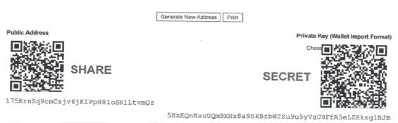 bitcoinová papírová peněženka vygenerovaná na internetu.